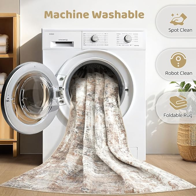 Runner Rug Kitchen Washable Rugs: 2x8 Non-Slip Abstract Soft Modern Stain Resistant Indoor Floor Neutral Accent Throw Carpet for Hallway Bathroom Laundry Room Entryway Bedroom- Brown