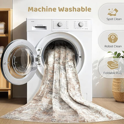 Runner Rug Kitchen Washable Rugs: 2x5 Non-Slip Abstract Soft Modern Stain Resistant Indoor Floor Neutral Accent Throw Carpet for Hallway Bathroom Laundry Room Entryway Bedroom- Brown