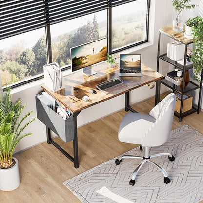 OLIXIS 47 Inch Computer Office Desk for Small Spaces, Writing Gaming Work Desk Modern Study Table with Storage Bag & Headphone Hook Home Bedroom, Rustic Brown