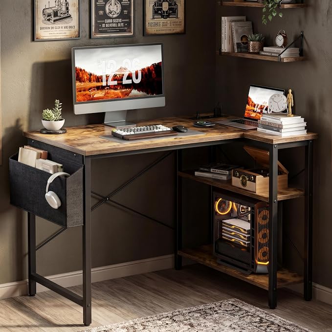 TIQLAB L Shaped Computer Desk with Power Outlets, 47 Inch Small Corner Desk with Reversible Shelves, Gaming Desk Computer Table Study Writing Desk for Home Office Small Space, Rustic Brown