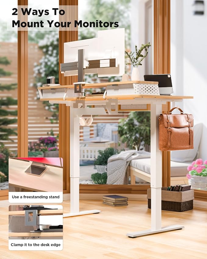 FiCiHi Electric Standing Desk with Four Drawers, 55 x 24 Inch Adjustable Height Sit Stand Desk, C-Clamp Compatible Home Office Desk with Storage Shelf & Monitor Stand Riser, Maple
