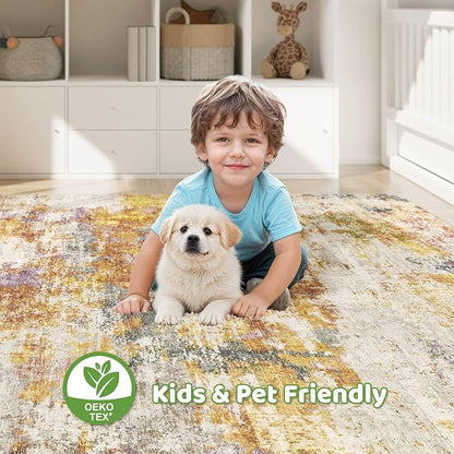 LOONGRUG 8X10 Area Rugs Living Room: Washable Large Abstract Soft Stain Resistant Indoor Floor Rugs Non Slip Accent Carpet for Bedroom Nursery Playroom Office Dining Room Dorm & Home- Gold Colorful