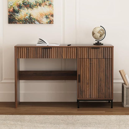 EYYTHUNG 47" Fluted Executive Desk, Modern Wood Home Office Desk with Charging Station, Drawer & Cabinet, Computer Writing Desk for Work Study, Brown