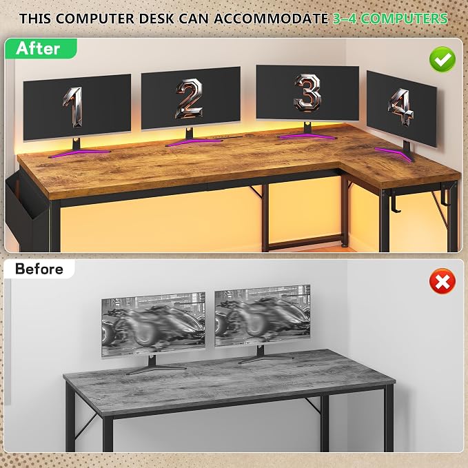 DurayLoly 55" Thicker L Shaped Computer Desk for Home Office, Brown | 0.95" Thick Desktop & Metal Frame Supports for Dual Monitors,Flexible Reversible Corner Desk for Bedroom