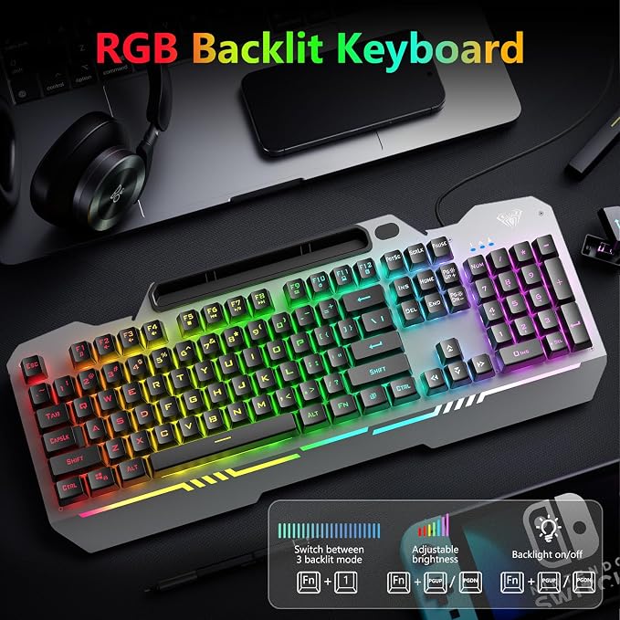 AULA Gaming Keyboard and Mouse,Wired 104-Key Mouse and Keyboard Combo Metal | Full Size Computer Keyboards with Number Pad,New Update Version,RGB Backlit Anti-Ghosting PC Keyboard for Laptop WinXP/7/8/10