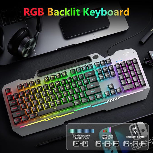 AULA Gaming Keyboard and Mouse,Wired 104-Key Mouse and Keyboard Combo Metal | Full Size Computer Keyboards with Number Pad,New Update Version,RGB Backlit Anti-Ghosting PC Keyboard for Laptop WinXP/7/8/10