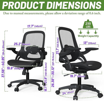 Full Mesh Home Office Desk Chair with Flip Up Arms Height Adjustable Lumbar Support Swivel Wheels for Adult