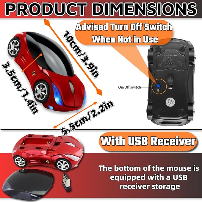 HuGuWdy Cute Mouse Wireless Red，2.4G with USB Reciver 1600DPI Car Mouse for Computer Wireless USB for Laptop Computer Tablet for Windows for Mac OS for Her for Christmas（Red）