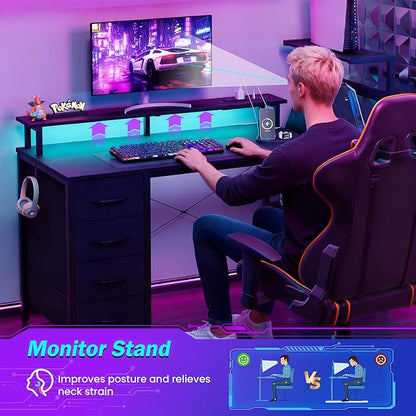 59 Inch Gaming Desk with LED Lights and Power Outlets, Computer Desk with Storage Shelves, Fabric Drawers, Monitor Stand & Side Hook, Reversible Gamer Table for Home Office, Carbon Fiber Black