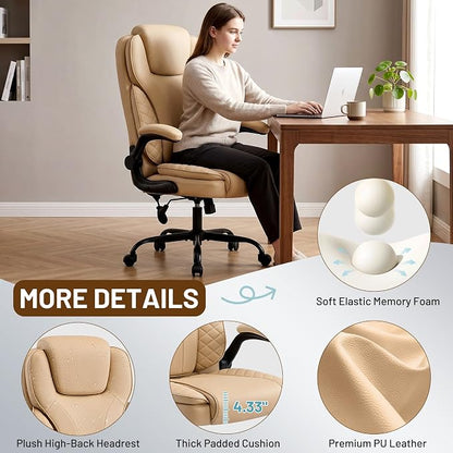 Ergonomic Office Chair, PU Leather High Back Executive Chair with Adjustable Inflatable Lumbar Support and Padded Flip-Up Arms, Recline Swivel Task Computer Chair for Home Office, Khaki