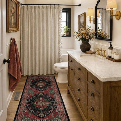 RELEANY Area Rugs Runner 2'x6' Washable Non-Slip, Floral Vintage Distress Medallion Carpet for Kitchen Hallway Bedroom Beside Laundry Room Bathroom, Red Black