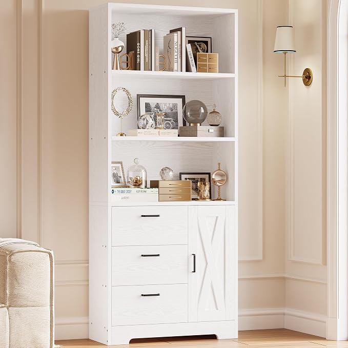 IRONCK Bookshelf with Doors and 3 Drawers 71 in Tall Bookcase with 3-Tier Shelves, Industrial Book Shelf with Storage for Living Room Entrance Hallway Home Office, White