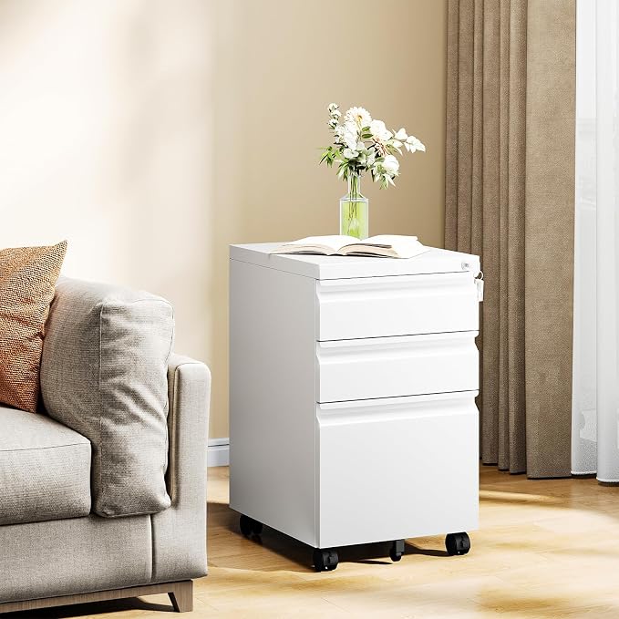 MIIIKO White Filing Cabinet 3 Drawers on Wheels Under Desk, Metal Rolling File Cabinet with Lock for Home Office, Small Mobile File Cabinet for Letter Legal File Folders, Un-Assembled