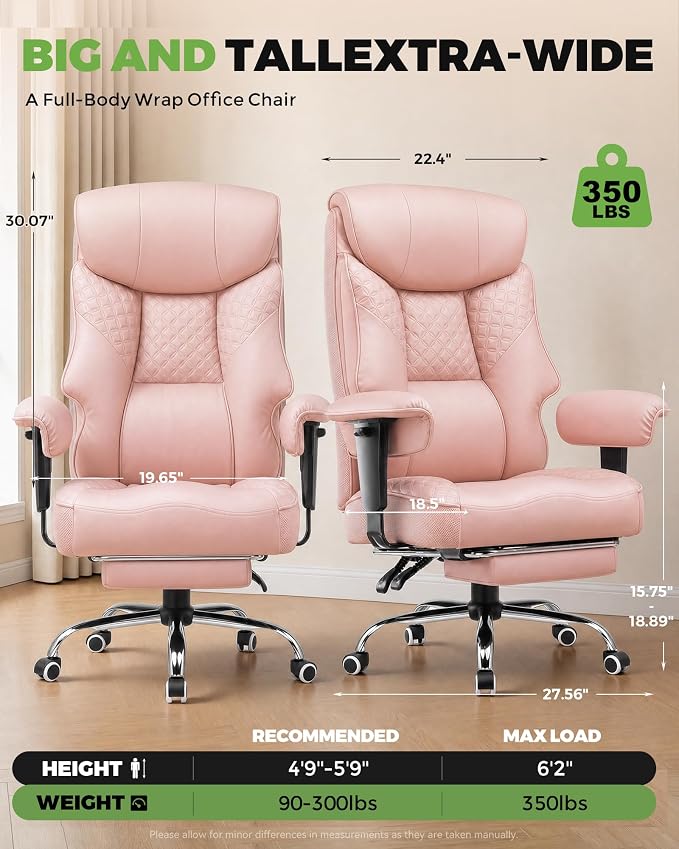GTPLAYER Big and Tall Office Chair, High Back Computer Gaming Chair with Ergonomic Lumbar Support &Pocket Spring Cushion for Lower Back Pain Relief, Leather Executive Chair with Foot Rest, Pink
