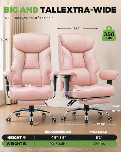 GTPLAYER Big and Tall Office Chair, High Back Computer Gaming Chair with Ergonomic Lumbar Support &Pocket Spring Cushion for Lower Back Pain Relief, Leather Executive Chair with Foot Rest, Pink