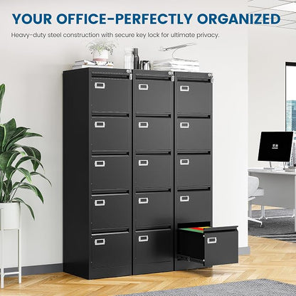 PEUKC 5-Drawer File Cabinet, 16.3" Deep Vertical Metal Filing Cabinet with Lock for Home Office, Anti-Tip 5 Storage Drawers for Letter/Legal/A4/F4 Size (Assemble Required, Black)