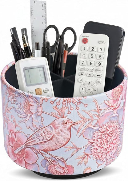 Round Leather Art Supply Organizer,Remote Control Holder,360 Degree Spinning,Multi-Functional Pencil Holder,4 Compartments Desktop Stationary Organizer(1-Pink Blue Bird)