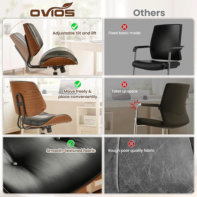 ovios Home Office Chair with Wheels, Modern PU Leather Swivel Computer Desk Chair, Mid Back Adjustable Height Armless Walnut Chairs for Office (Black Button)