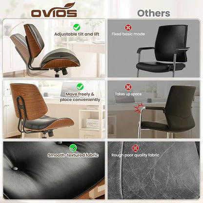 ovios Home Office Chair with Wheels, Modern PU Leather Swivel Computer Desk Chair, Mid Back Adjustable Height Armless Walnut Chairs for Office (Black Button)