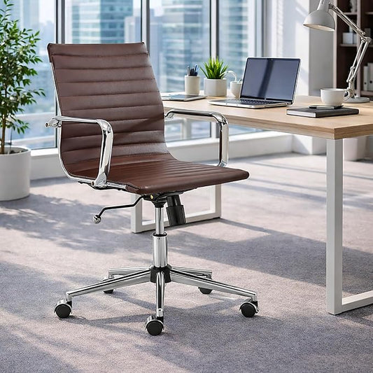 Office Chair with Arms, Brown Faux Leather Desk Chair with Ribbed Mid Back, Adjustable Height Swivel Computer Chair for Home Office, Conference Room and Reception