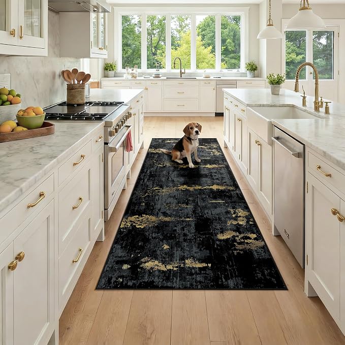 RELEANY Washable Area Rugs 3x7 Non-Slip Modern Abstract Soft for Living Room Entryway Bedroom Kitchen, Print Pattern, Dark Black Gold