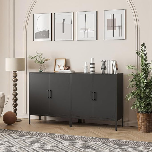 Steehoom Metal Storage Cabinet with Adjustable Shelves, Steel Buffet Sideboard for Entryway, Garage, Dining Room, Kitchen, Office, Bar (Black, 31.5" D x 15.75" W x 35.43" H)