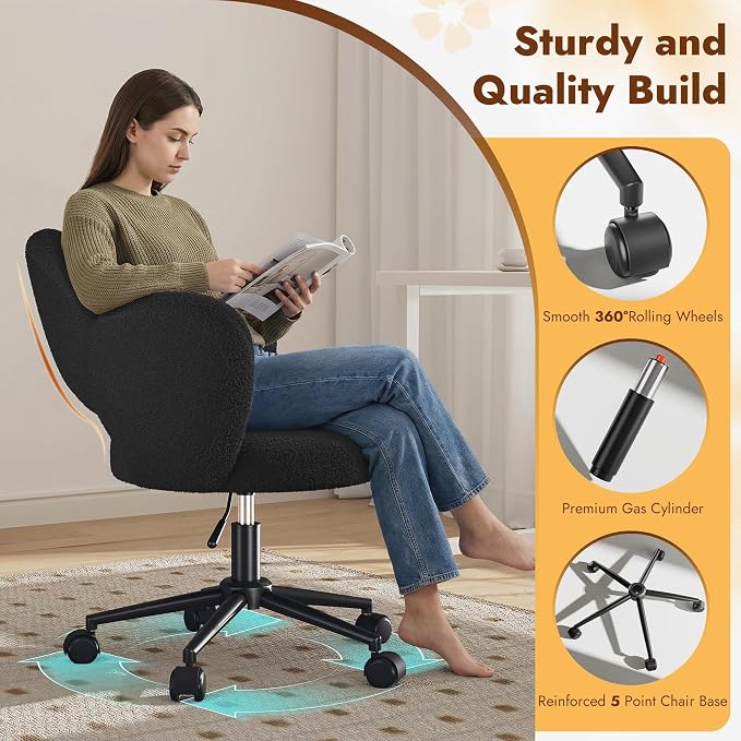 Homkdom Desk Chair with Wheels, 3.94" Thick Comfy Petal Vanity Chair, Swivel Armless Chair with Open Back and Adjustable Height, Ideal for Makeup Study Work and Relaxation, Black