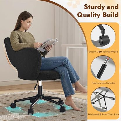 Homkdom Desk Chair with Wheels, 3.94" Thick Comfy Petal Vanity Chair, Swivel Armless Chair with Open Back and Adjustable Height, Ideal for Makeup Study Work and Relaxation, Black