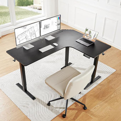 HUANUO 63″ L-Shaped Standing Desk, Built-in Power Outlets, Electric Height Adjustable Corner Computer Desk, Large Power Strip Holder, Sit Stand Up Desk with 3 Preset Heights, Black
