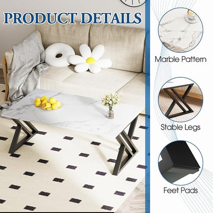 Wolawu Coffee Table White Living Room Center Table, Simple Modern Faux Marble Rectangular Tea Table with Sturdy Black Metal Frame,Industrial Wooden Coffee Table for Bedroom Home Office