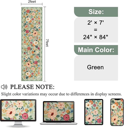 DUKINO Runner Rug, 2x7 Boho Kitchen Rug for Hallways with Low Pile Design, Washable Non Slip Backing Soft Floral Runner for Kitchen, Hallway, Entryway, Bedroom, Laundry, Green