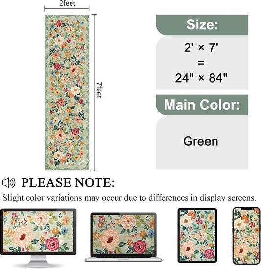 DUKINO Runner Rug, 2x7 Boho Kitchen Rug for Hallways with Low Pile Design, Washable Non Slip Backing Soft Floral Runner for Kitchen, Hallway, Entryway, Bedroom, Laundry, Green