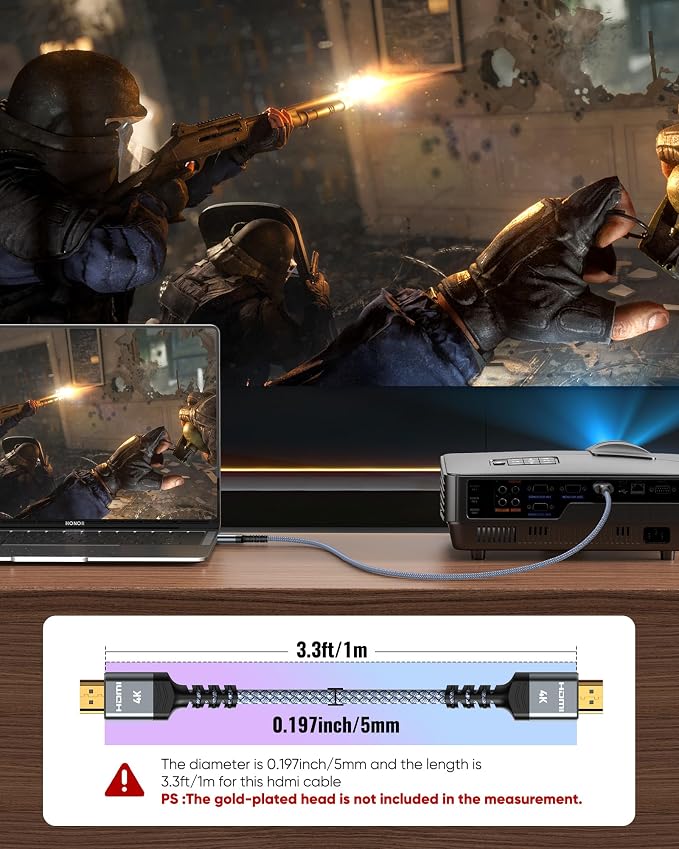 Highwings 4K HDMI Cable 3.3FT/1m 4K@60Hz HDR Braided HDMI 2.0 Cord, 18Gbps High Speed with Ethernet/ARC, 3D, HDCP 2.2, ARC, Compatible for PS-5/4/3/4K HDTV/Monitor/Projector/Streaming Media