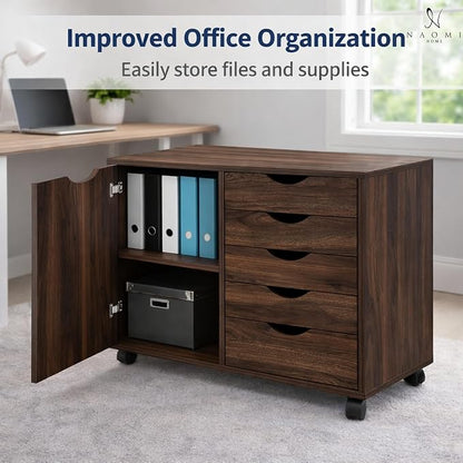 Naomi Home Under Desk Rolling Office File Cabinet with 5 Drawers & Side Storage Cabinet, Mobile Organizer with Shelves & Swivel Casters for Home Office - Brown Oak