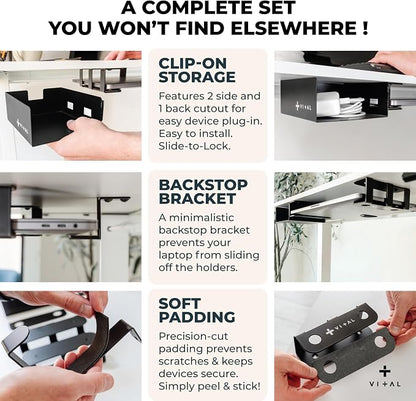 VI+AL Under Desk Laptop Mount - Hidden Metal Shelf with Side Storage - Installs with Tape & Screws - Fits Devices up to 1.7" Thick - Standard (No Hook or Cable Organizer)