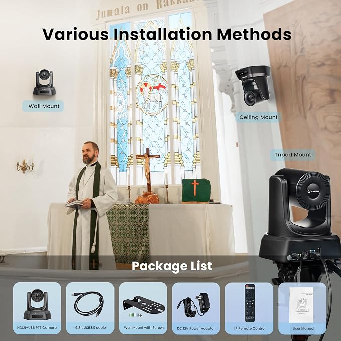 TONGVEO Conference Room PTZ Camera System with 20X Optical Zoom, AI Auto Tracking 1080P 60fps HDMI USB Webcam for Church Streaming Online Video Conference,Compatible with Zoom, OBS Easy Setup