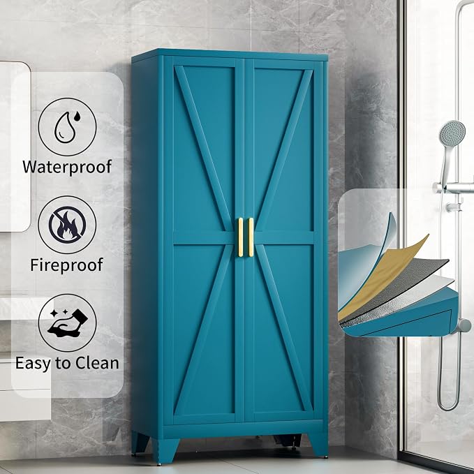 71H Tall Metal Storage Cabinet with 2 Doors and 5 Shelves, Farmhouse Storage Cabinet with Barn Doors, Pantry Storage for Home, Office, Bathroom, Dining Room, Kitchen (Blue)