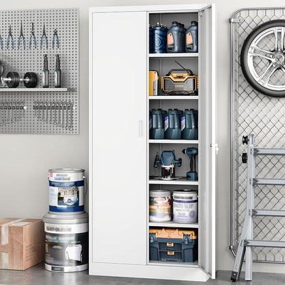 Metal Garage Storage Cabinets,71” Tall Metal File Cabinet with 5 Adjustable Shelves, Lockable Storage Cabinets for Office, Home, Garage, Warehouse 71" H x 32" W x 16" D (White)
