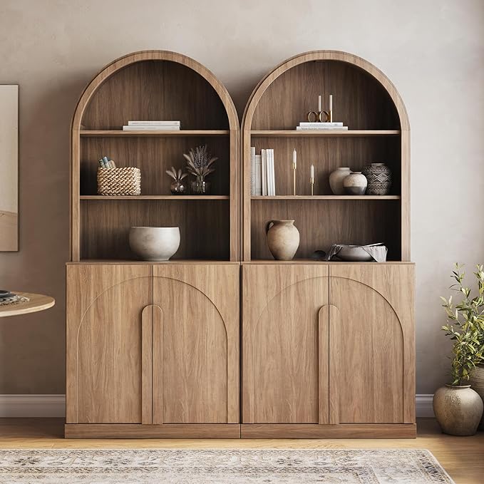 BELLEZE Set of 2 71"Tall Storage Cabinet with Arched Hutch, Wooden Sideboard Buffet Cabinet with Adjustable Shelves for Pantry Organizing, 5-Tier Modern Storage Unit for Living Room Home Office, Camel