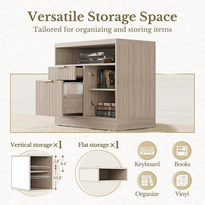 2 Drawer Fluted File Cabinet, 32'' Lateral File Cabinet with Lock and AC/USB for Letter/A4 Size, Wood Filing Cabinet with Storage Shelves for Home Office, Natural Walnut