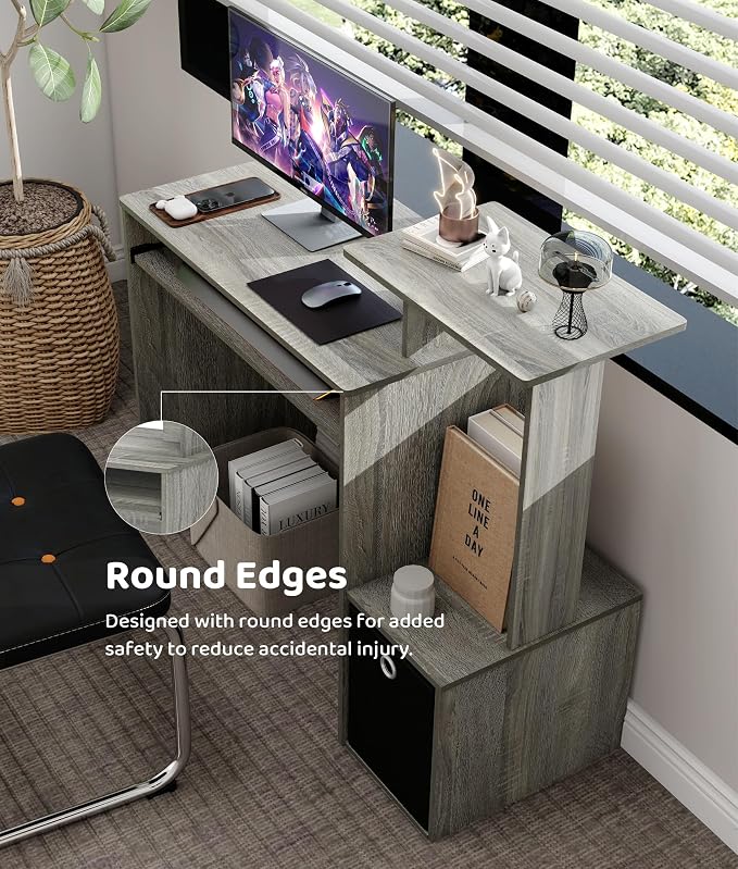 Computer Desk with Drawers, Study Table with Storage Shelves Keyboard Tray for Home Office Bedroom Living Room, Oak Grey/Black
