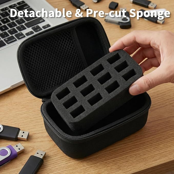 Comecase 12 Slots USB Flash Drive Case, Hard Shell Organizer for Thumb Drives & Jump Drives with Carabiner, Portable USB Case with Removable Pre-cut Sponge & SD Card Mesh Pocket (Jet Black, Small)