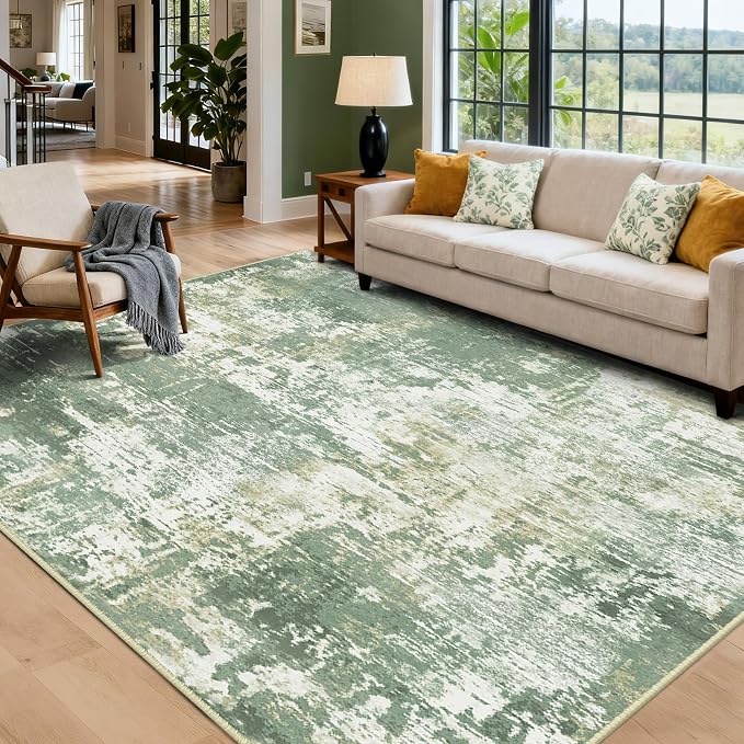RELEANY Washable Area Rugs 9'x12' Non-Slip Modern Abstract Soft for Living Room Entryway Bedroom Kitchen, Print Pattern, Light Green/Yellow