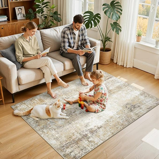 RELEANY Washable Area Rugs 4'x6' Non-Slip Modern Abstract Soft for Living Room Entryway Bedroom Kitchen, Print Pattern, Neutral Brown Gray