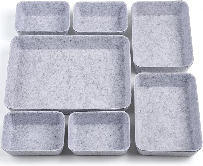 Desk Drawer Organizer | 7 Pack Felt Drawer Organizer Shallow Drawer Organizers Felt Storage Bins (Light Gray)