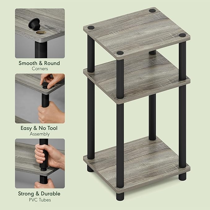 Furinno JUST Side Table Set of 2, 3-Tier Modern End Tables, Open Shelves Night Stand, Nightstand Set, Toolless Assembly, for Living Room, Bedroom, French Oak