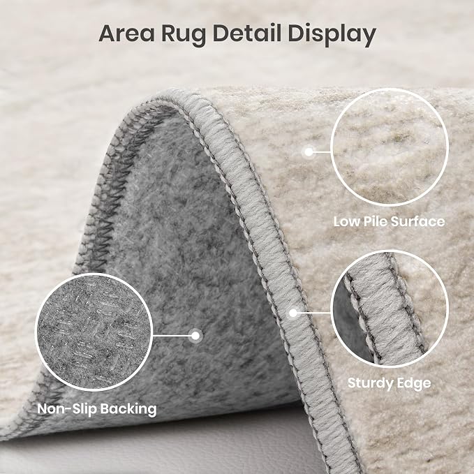 Valenrug Washable Rugs 6x9 - Ultra Thin Stain Resistant 6x9 Rugs for Living Room, Non Slip Backing 0.25" Low Pile Rugs for Bedroom, Folable Machine Washable Area Rug (6x9, Beige)
