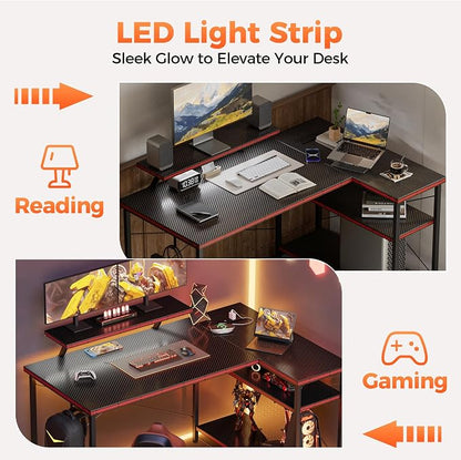 Mericonia Small L Shaped Computer Desk with Power Outlets, Reversible Gaming Desk with Storage Shelves & Monitor Stand, Corner Gamer Desk Table, Study Writing Table