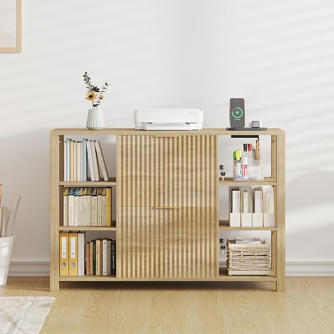 File Cabinet for Home Office, Fluted Filing Cabinet with Charging Station, 2 Drawers Fit Letter/Legal/A4 with Tabs, Printer Stand with Lock & 2 Power Outlets, 6 Shelves (2, Oak)