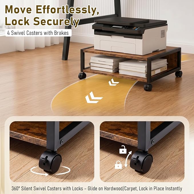 Zonon 2 Tier Printer Stand Under Desk with Lockable Wheels 19.7x15.7x7.9 Inch Rolling Printer Table Cart Under Desk Short Movable Storage Shelf for Home Office Organization (Open Shelf Style,Brown)